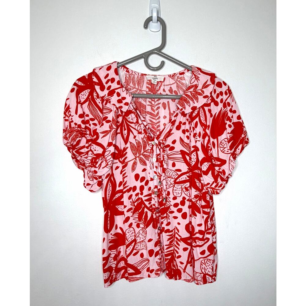 Entro Floral Print Puff Sleeve Blouse Sz S Pink Orange Tropical Boho Beachy